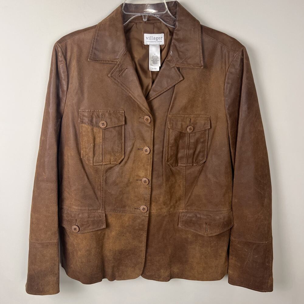 Villager‎ 100% Leather Jacket Lined Brown Women’s Size 18 Vintage Y2K